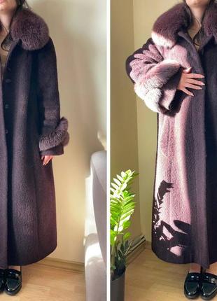 Зимнее шерстяное пальто батал с мохером и альпакой liardi 66р с натуральным мехом2 фото