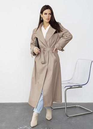 Тренч пальто міді еко шкіряне бежевий сірий чорний жіноче осінь весна демі