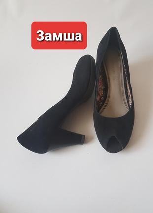 Замшевые туфли на каблуке с открытым носком натуральная замша кожа tamaris