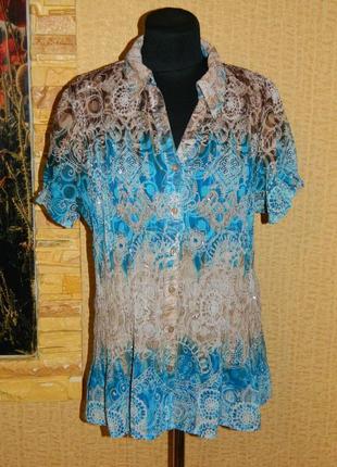 Блуза женская гофра голубая с коричневым и пайетками размер 50-52 dressbarn