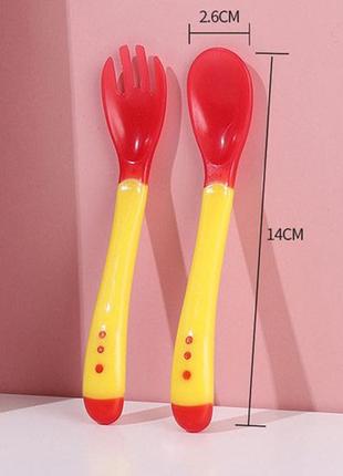 Приборы термочувствительные детские ложка и вилка красные с бежевым prt0624