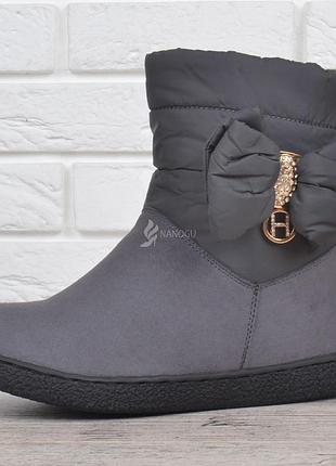 Дутики жіночі зимові чоботи lorbacsa сірі з бантом дуті чоботи зима