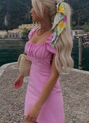 Жіноча легка літня весняна міні сукня плаття зі шнуровкою на спині з коротким рукавом в стилі zara. біла, рожева, чорна4 фото