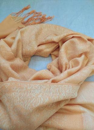 Солнечный широкий шарф палантин тонкая шерсть шелк с узором5 фото