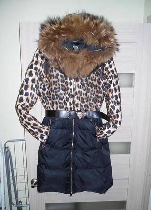 Зимове пальто куртка пуховик леопардовий з натуральним хутром єнота3 фото