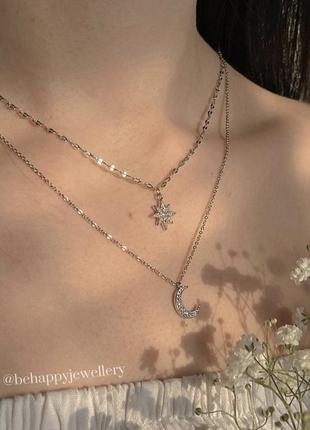 Ланцюжок місяць і зірка, підвіска місяць і зірка, багаторядний ланцюжок