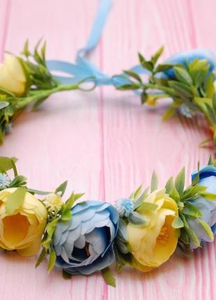 Вінок віночок з квітами жовто-блакитний2 фото