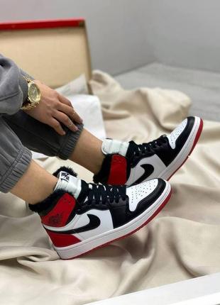 Отличные высокие зимние кроссовки nike air jordan 1 retro high red/white fur красные на меху 36-45 р6 фото