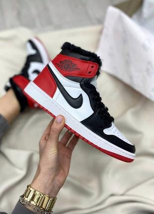 Отличные высокие зимние кроссовки nike air jordan 1 retro high red/white fur красные на меху 36-45 р1 фото