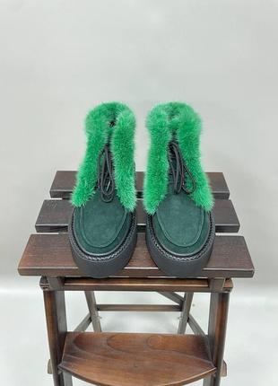 Эксклюзивные ботинки лоферы натуральная итальянская кожа и замша люкс с норкой изумруд5 фото