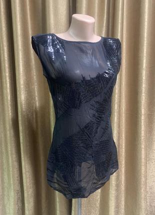 Женская чёрная вечерняя нарядная блузка warehouse с пайетками размер 8 / s2 фото