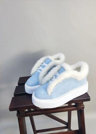 Эксклюзивные ботинки лоферы натуральная итальянская кожа и замша люкс с норкой голубые6 фото