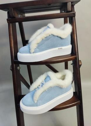 Эксклюзивные ботинки лоферы натуральная итальянская кожа и замша люкс с норкой голубые4 фото