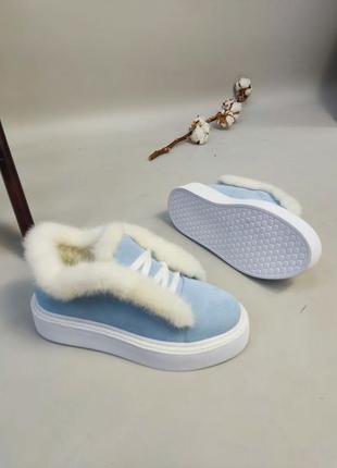 Эксклюзивные ботинки лоферы натуральная итальянская кожа и замша люкс с норкой голубые7 фото