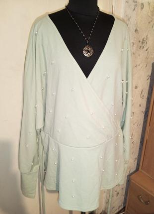 Красивейшая,мятная,трикотаж-стрейч блузка с жемчугом и поясом,большого размера,shein3 фото