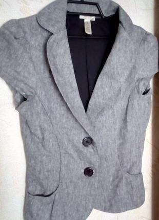 Жакет из натуральной ткани лен-коттон, серый, классический офисный стиль,размер хс3 фото
