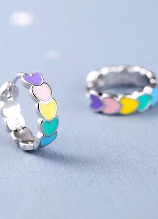 Серьги сережки серёжки круглые кольца колечки маленькие с сердечками под серебро детские разноцветные цветные 15 мм2 фото