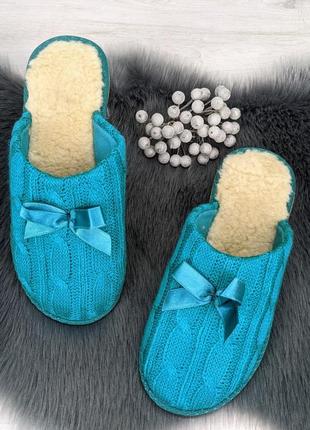 Тапочки домашние женские белста бирюзовые с закрытым носком вязка бант3 фото