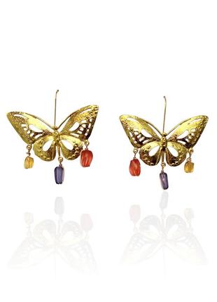 Великі великі сережки золоті метелики з кольоровими намистинами в стилі zara