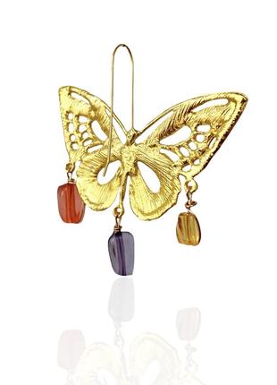 Большие крупные серьги золотые бабочки с цветными бусинами в стиле zara4 фото