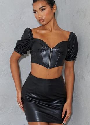 Шикарний топ шкіряний чорний на замку з рукавами об'ємними