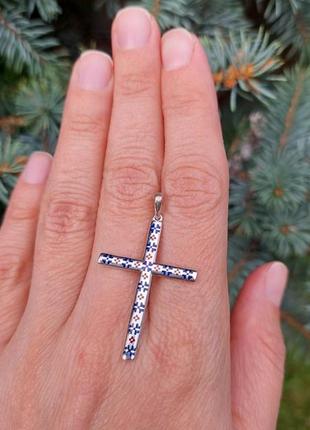 Срібний хрест з емалями двосторонній, серебряныф крест с эмалями и камнями10 фото