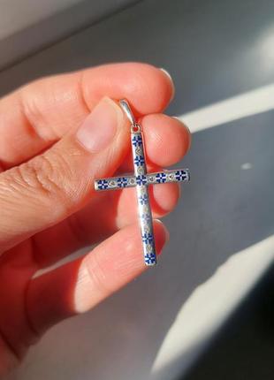 Срібний хрест з емалями двосторонній, серебряныф крест с эмалями и камнями5 фото