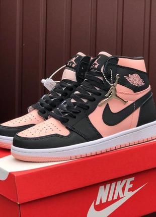 Високі nike air jordan  чорні з пудрою 🆕 жіночі високі шкіряні кросівки  🆕 найк аир джордан