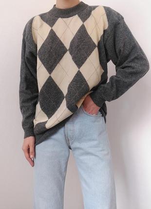 Винтажный шерстяной свитер джемпер в ромбы овечья шерсть джемпер пуловер лонгслив реглан винтаж