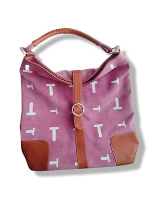 Сумка tod's hobo bag (t monogram pink suede and brown leather)