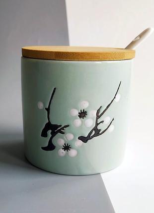 Керамическая ёмкость с бамбуковой крышкой для сыпучих "сакура" (голубая)