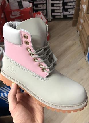 Женские высокие ботинки timberland grey/pink (термо)