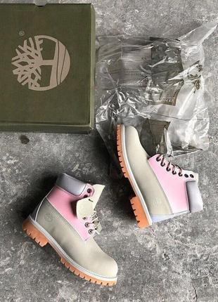 Женские высокие ботинки timberland grey/pink (термо)5 фото