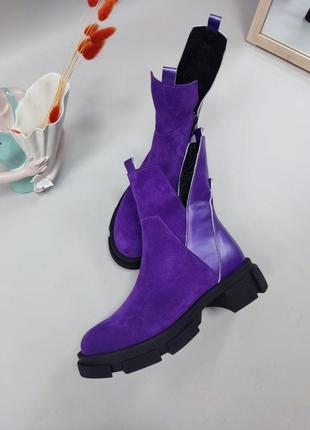 Эксклюзивные ботинки из натуральной итальянской кожи и замша женские фиолетовые8 фото