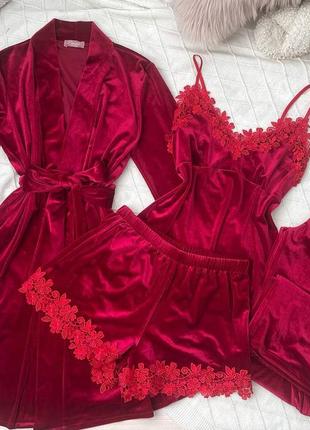 Червоний  бархатний комплект для дому та сну, велюрова четвірка халат брюки майка шорти, домашній костюм1 фото