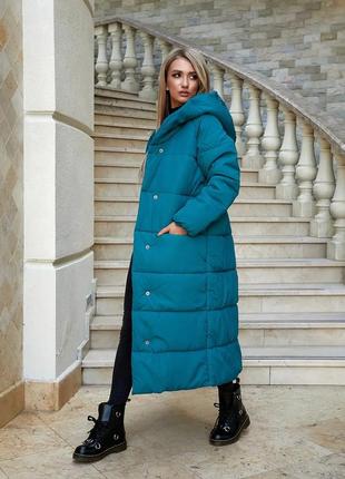 42-60 зимова куртка пальто жіноча довга з капішоном зимнее пальто женское длинное зелений1 фото