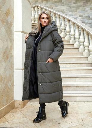 42-60рр  силікон 300 зимова подовжена жіноча куртка з капішоном зимняя женская куртка хаки3 фото