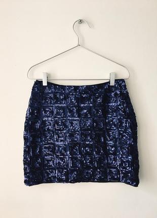 Шикарная юбка в пайетках глубокого синего цвета h&m нарядная синяя мини юбка3 фото