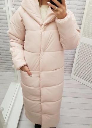 42-60 зимова куртка пальто жіноча довга з капішоном зимнее пальто женское длинное пудра2 фото