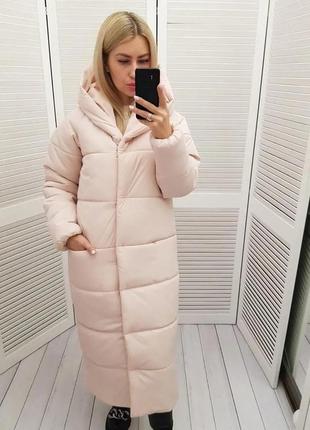 42-60 зимова куртка пальто жіноча довга з капішоном зимнее пальто женское длинное пудра4 фото