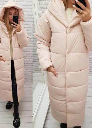 42-60 зимова куртка пальто жіноча довга з капішоном зимнее пальто женское длинное пудра5 фото