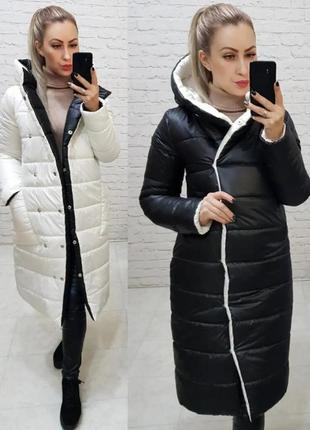 Зимове жіноче пальто двостороннє женская зимняя куртка двухсторонняя чорний білий черный белый