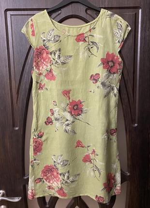 Шикарне платячко, зеленого кольору, з принтом квітів 100% льон.