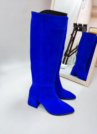 Екслюзивні чоботи з італійської шкіри та замші жіночі електрик сині