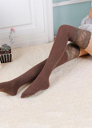 Женские высокие гольфы теплые выше колена коричневые чулки с кружевом в стиле аниме капучино