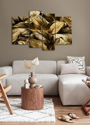 Модульна картина декор карпати листя в золоті 75x118 см mk400854 фото