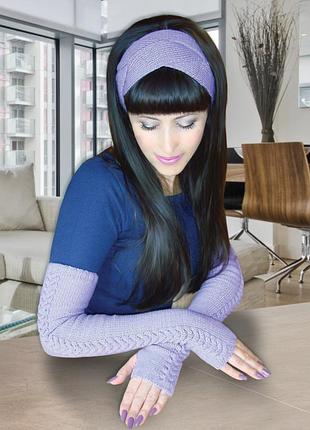 Стильный комплект: вязаные митенки- перчатки без пальцев и повязка на голову