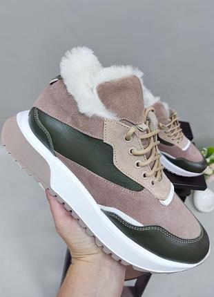 Дизайнерські теплі кросівки зимові #0015 натуральна шкіра замш на хутрі цігейка