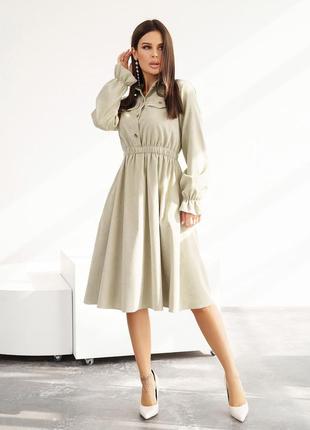 Оливкове вельветове сукня-сорочка з довгими рукавами