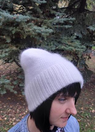 Белая ангоровая шапка, зимняя вязаная женская шапка, ручная работа